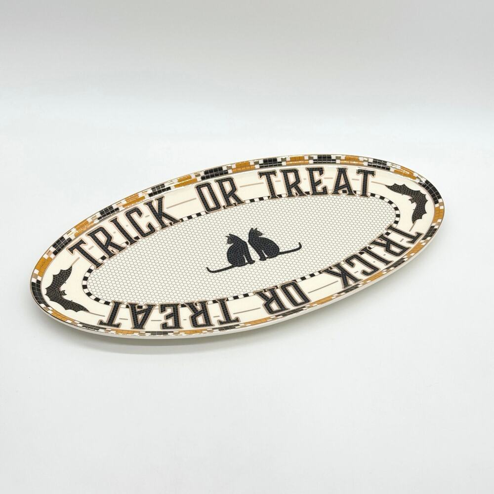 Anthropologie Bistro Tile Trick Or Treat Black Cat Halloween Serving Platter NEW